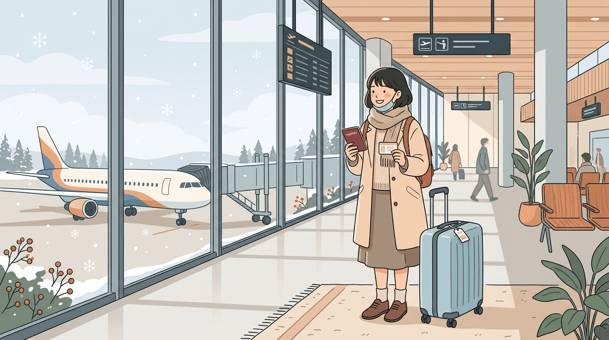 Kış mevsiminde Japon havalimanında valiz, pasaport ve oturum kartı tutan öğrenci